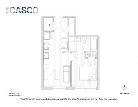 Floor plan for 1 bed, 1 bath, 519 sqft